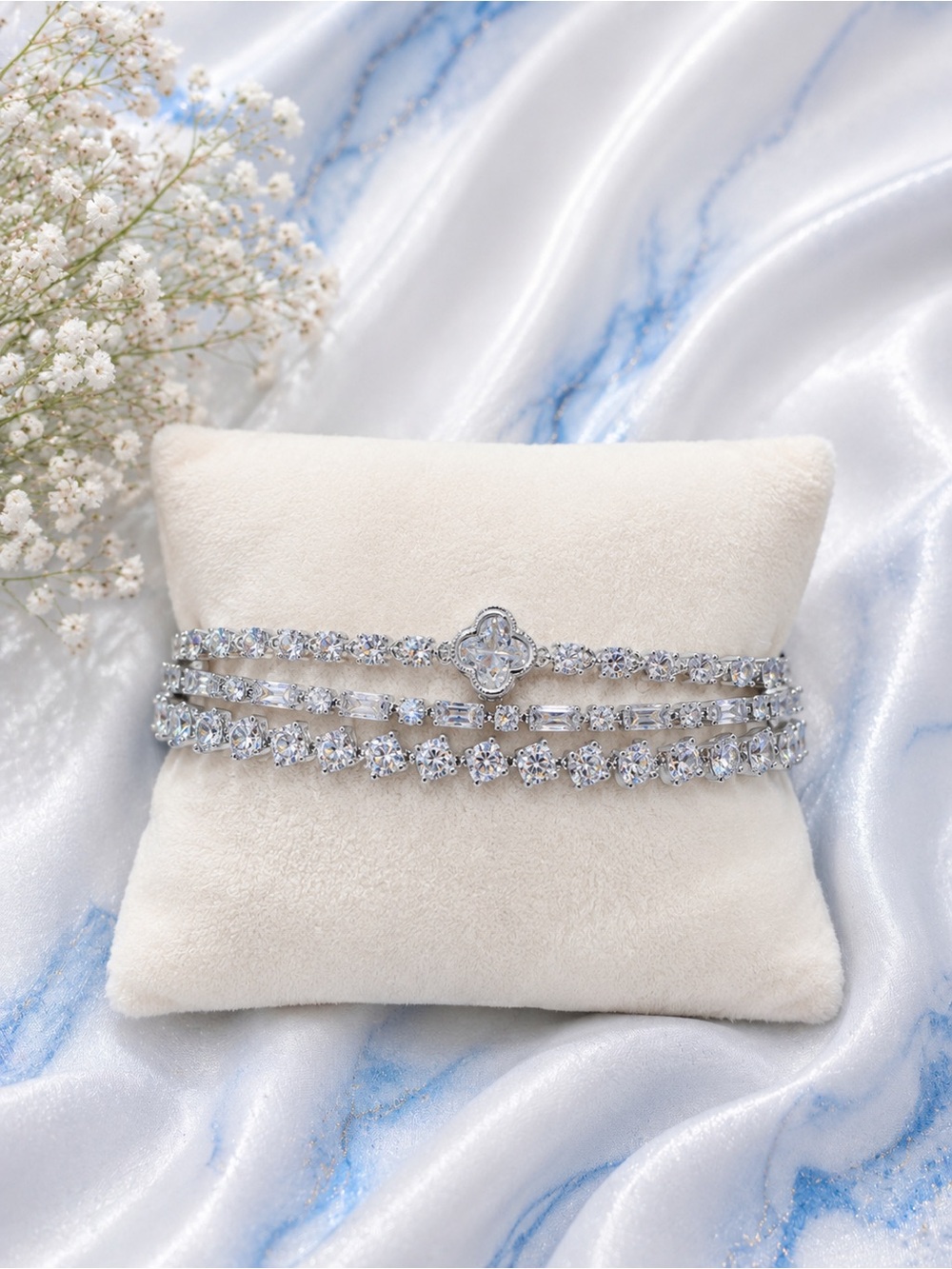 Silver-Tone White Crystal Multi-Row Bracelet - Sparkling Floral Accent